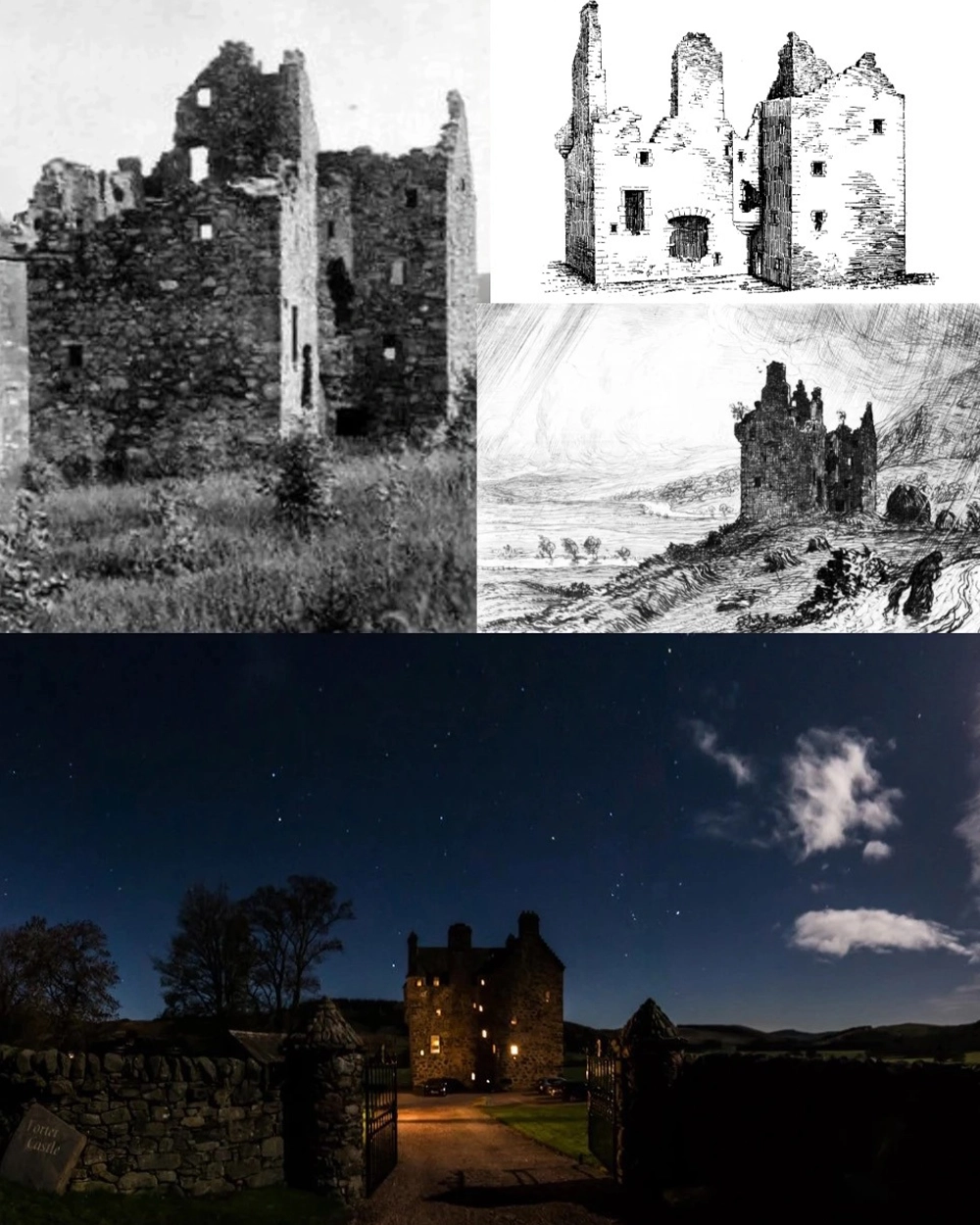 Forter castle historical images and a current image in the Scottish Highland night